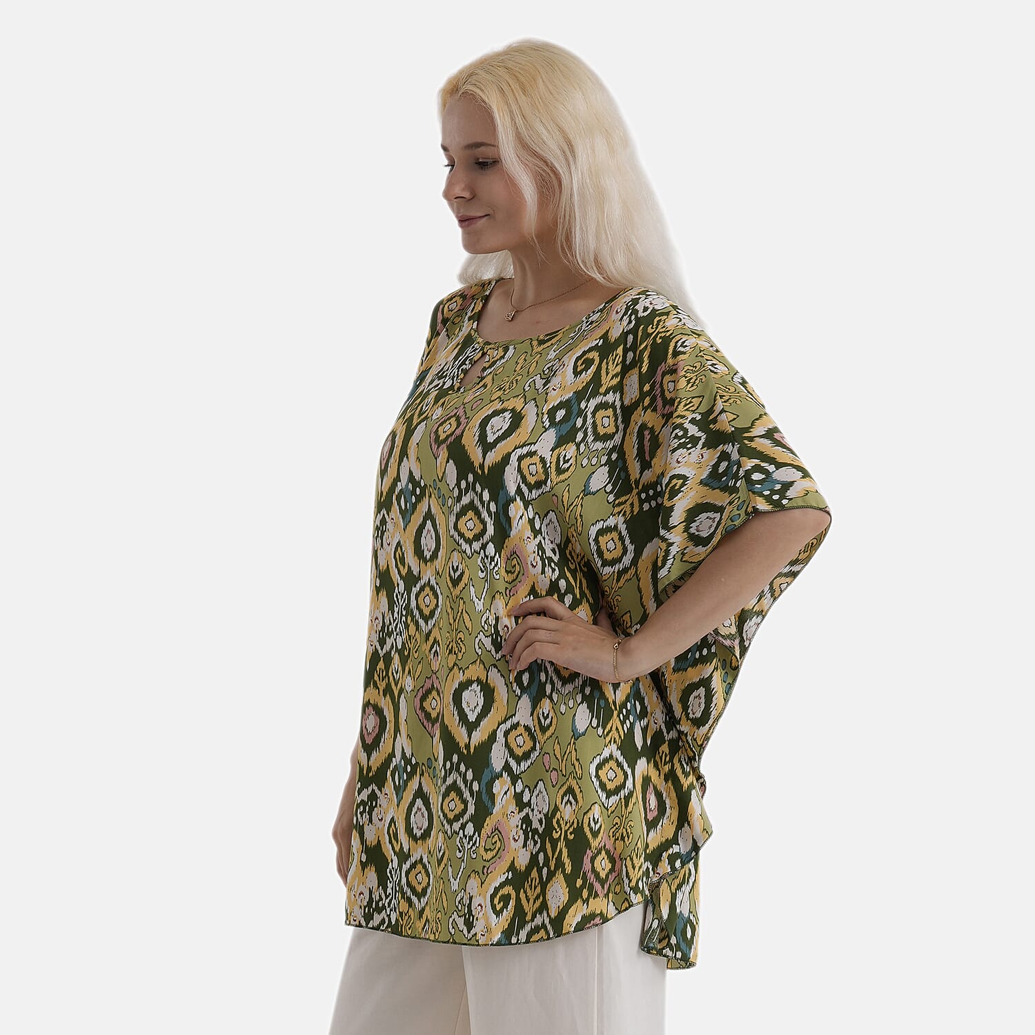 Styledby Set Of 2 100% Viscose Printed - Solid One-Size Tops With Keyhole Neck Detail - Green - Pink