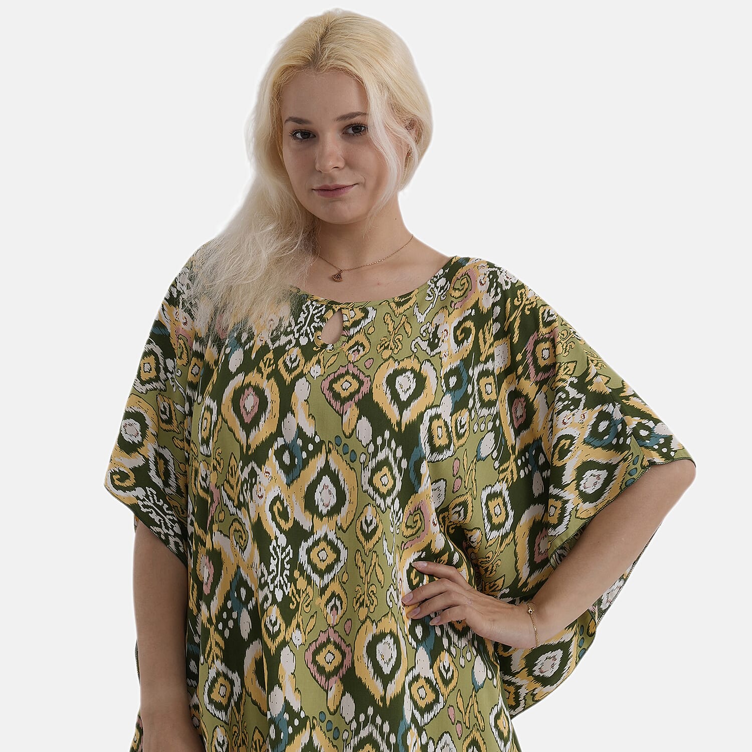 Styledby Set Of 2 100% Viscose Printed - Solid One-Size Tops With Keyhole Neck Detail - Green - Pink