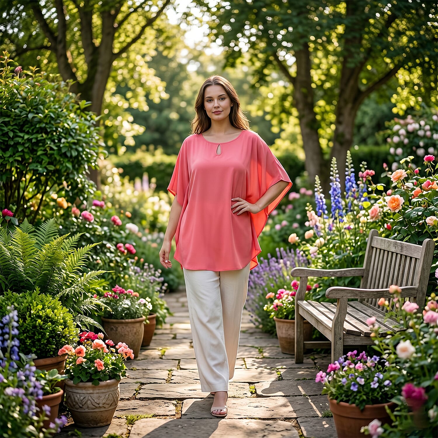 Styledby Set Of 2 100% Viscose Printed - Solid One-Size Tops With Keyhole Neck Detail - Green - Pink