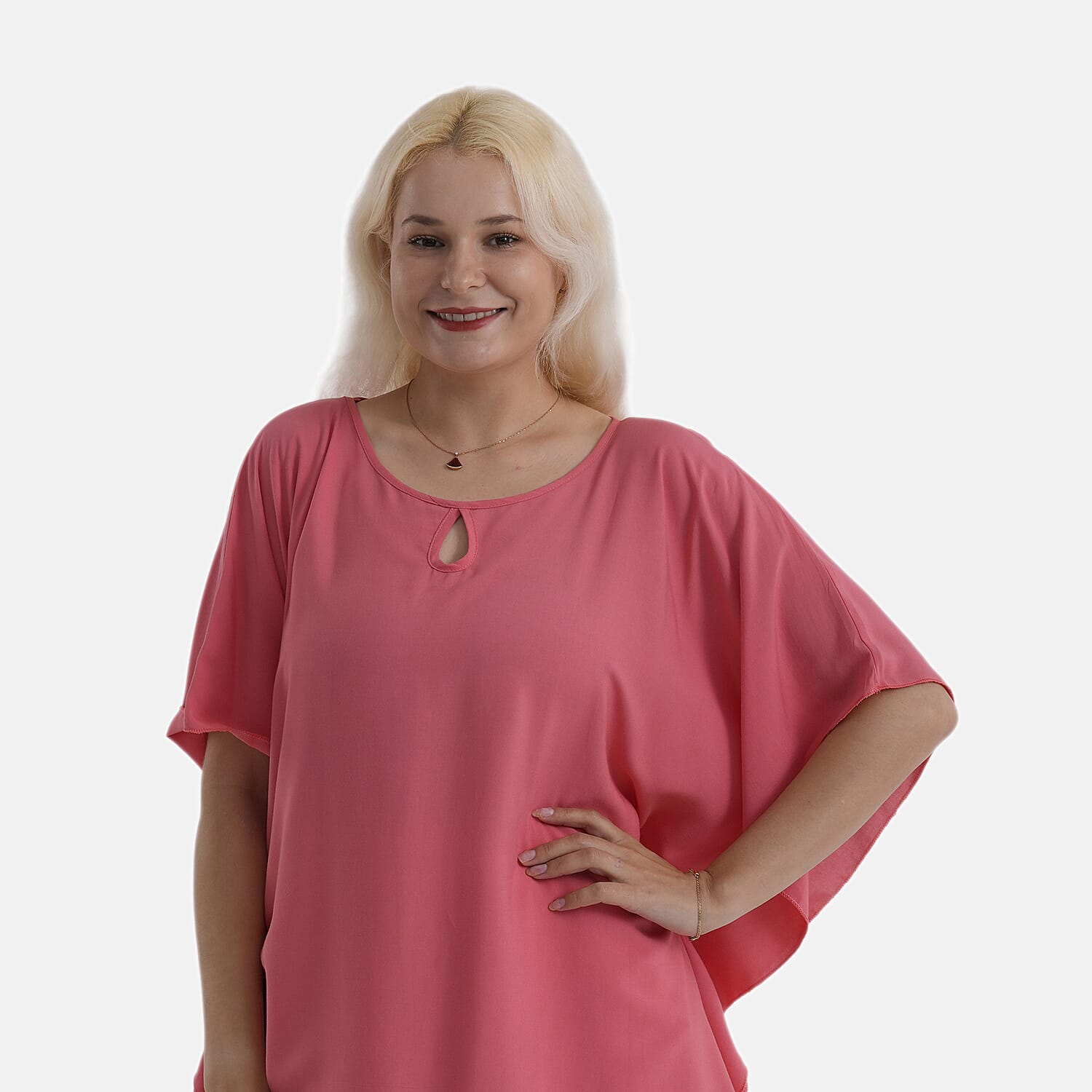 Styledby Set Of 2 100% Viscose Printed - Solid One-Size Tops With Keyhole Neck Detail - Green - Pink