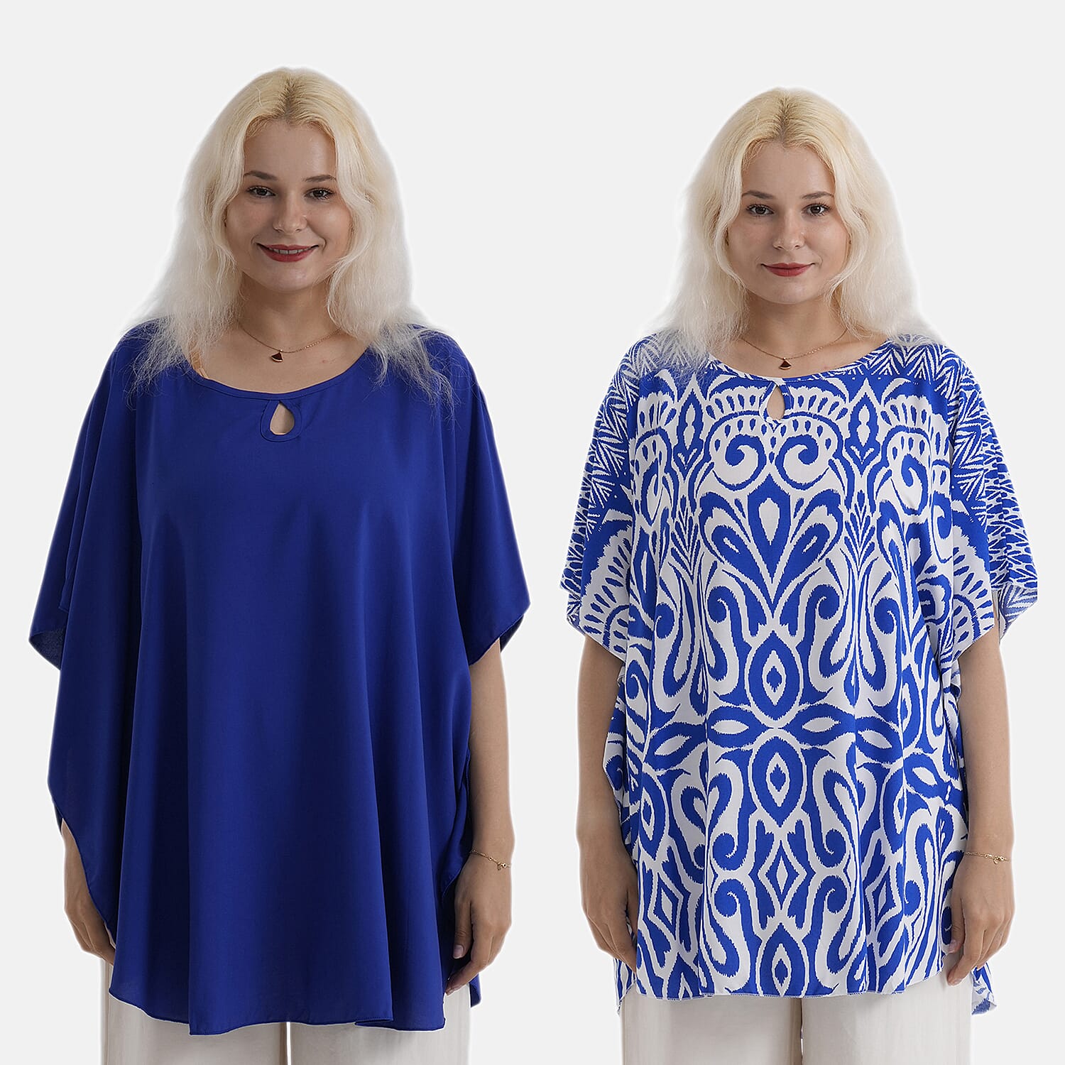 Styledby Set Of 2 100% Viscose Printed - Solid One-Size Tops With Keyhole Neck Detail - Blue - Dark Blue