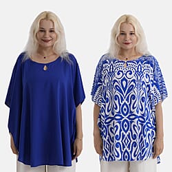 Styledby Set Of 2 100% Viscose Printed - Solid One-Size Tops With Keyhole Neck Detail - Blue - Dark Blue