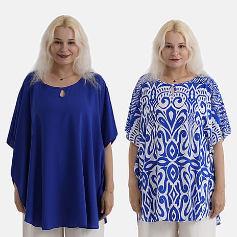 Styledby Set Of 2 100% Viscose Printed - Solid One-Size Tops With Keyhole Neck Detail - Blue - Dark Blue