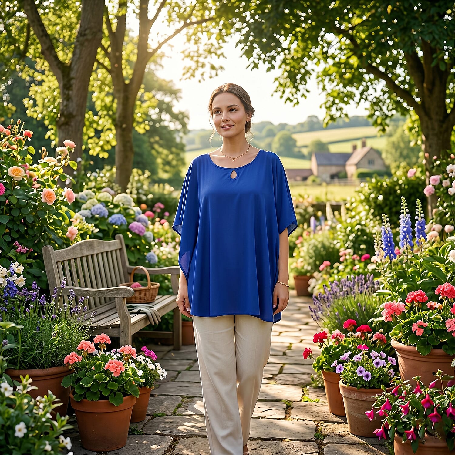 Styledby Set Of 2 100% Viscose Printed - Solid One-Size Tops With Keyhole Neck Detail - Blue - Dark Blue