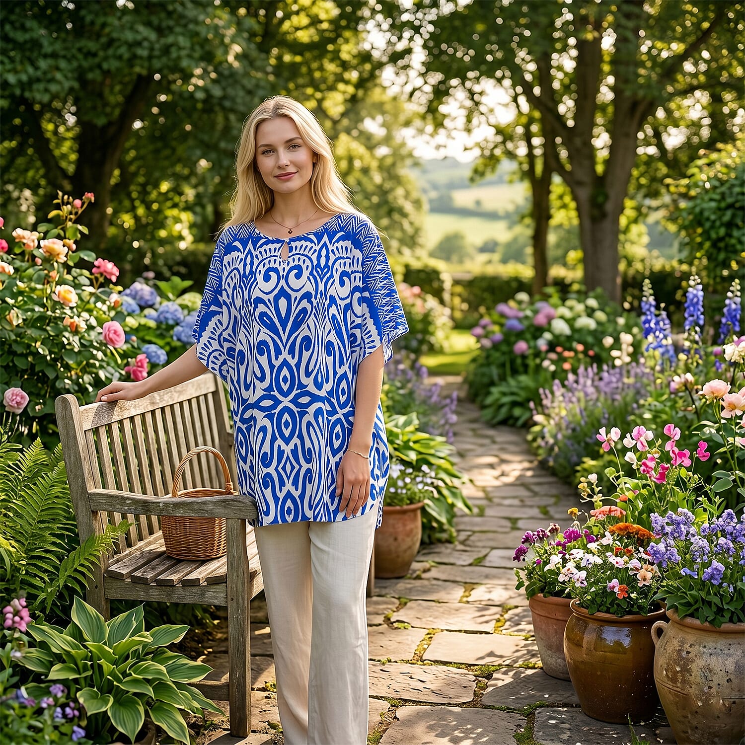 Styledby Set Of 2 100% Viscose Printed - Solid One-Size Tops With Keyhole Neck Detail - Blue - Dark Blue