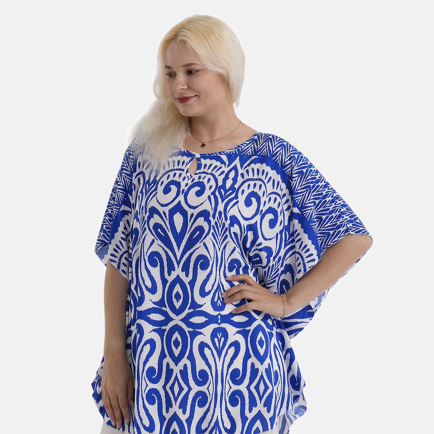 Styledby Set Of 2 100% Viscose Printed - Solid One-Size Tops With Keyhole Neck Detail - Blue - Dark Blue