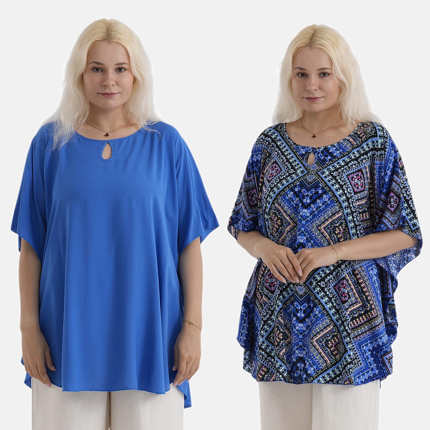 Styledby Set Of 2 Printed - Solid One-Size Tops With Keyhole Neck Detail - Blue