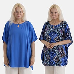 Styledby Set Of 2 100% Viscose Printed - Solid One-Size Tops With Keyhole Neck Detail - Blue - Dark Blue