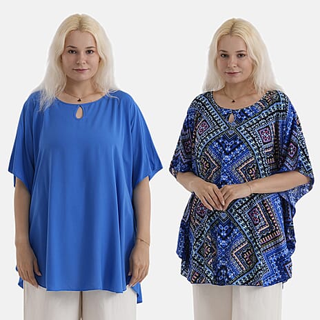 Styledby Set Of 2 Printed - Solid One-Size Tops With Keyhole Neck Detail - Blue