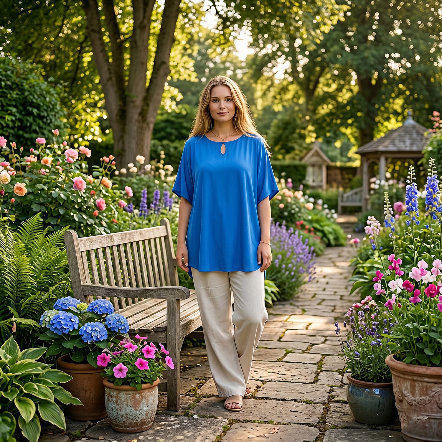 Styledby Set Of 2 Printed - Solid One-Size Tops With Keyhole Neck Detail - Blue