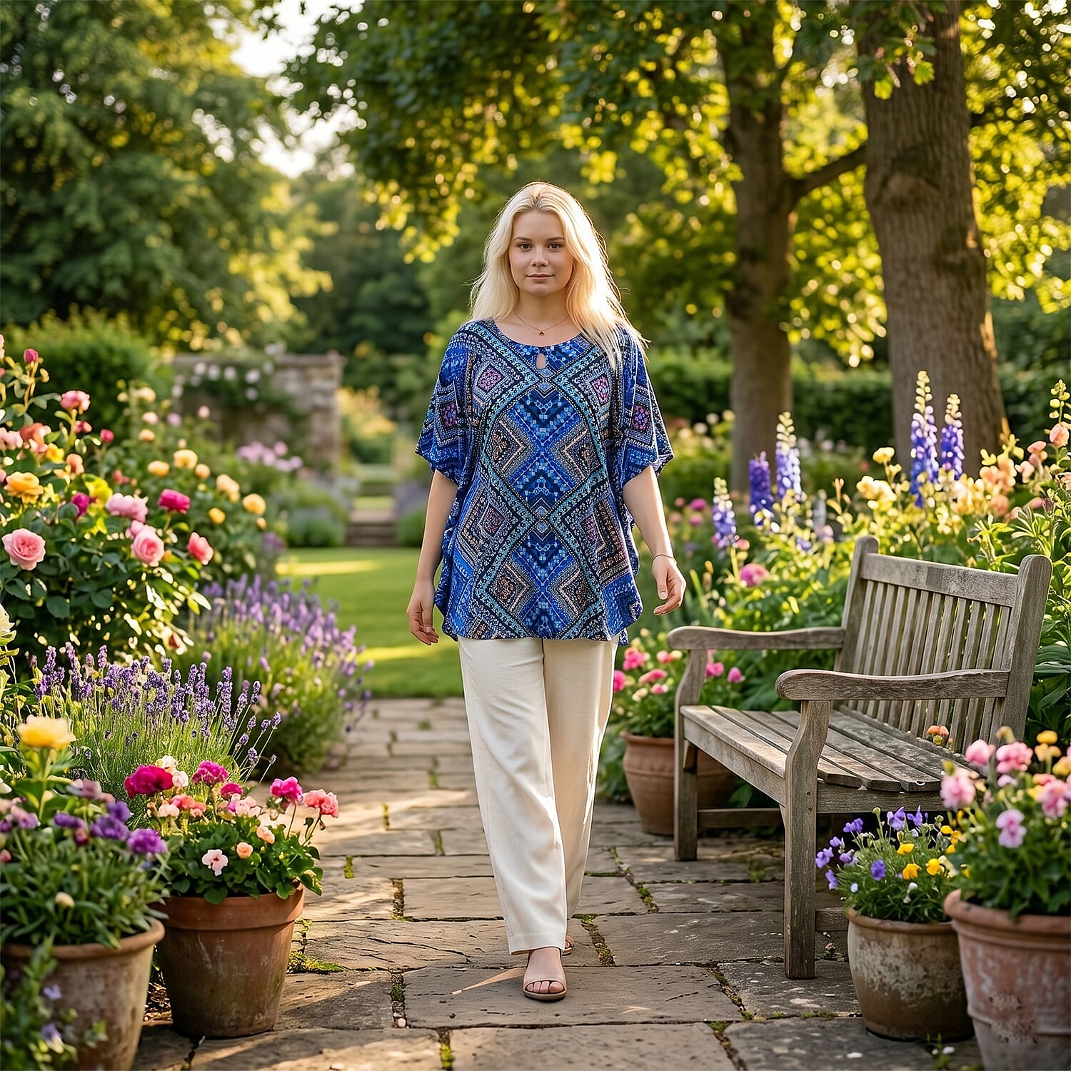 Styledby Set Of 2 Printed - Solid One-Size Tops With Keyhole Neck Detail - Blue