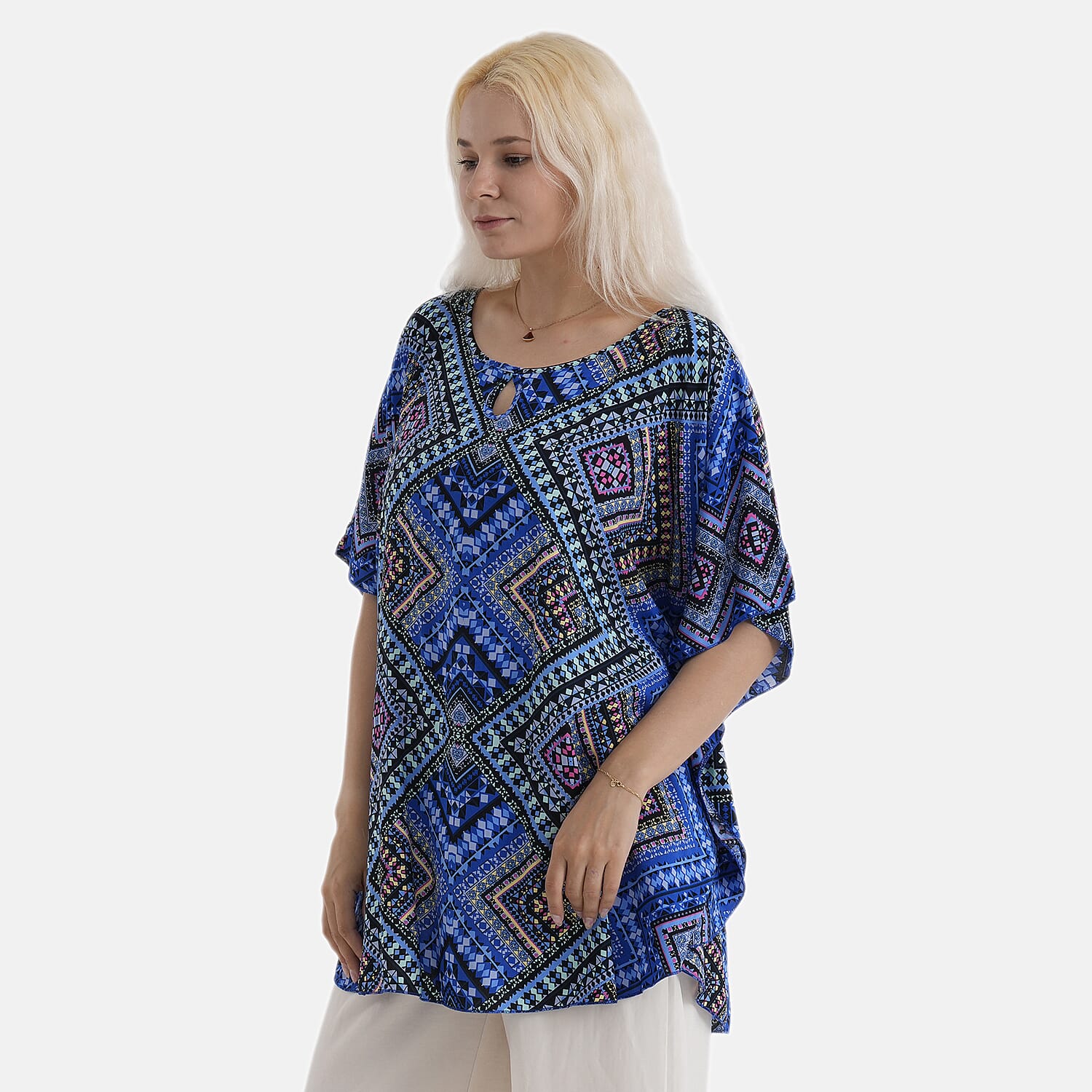 Styledby Set Of 2 Printed - Solid One-Size Tops With Keyhole Neck Detail - Blue