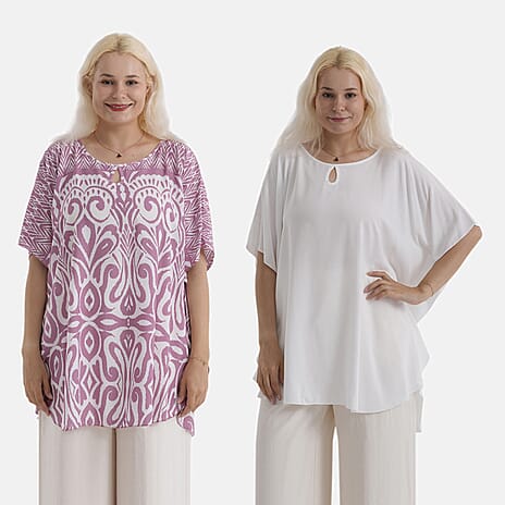 Styledby Set Of 2 100% Viscose Printed - Solid One-Size Tops With Keyhole Neck Detail - Pink - White