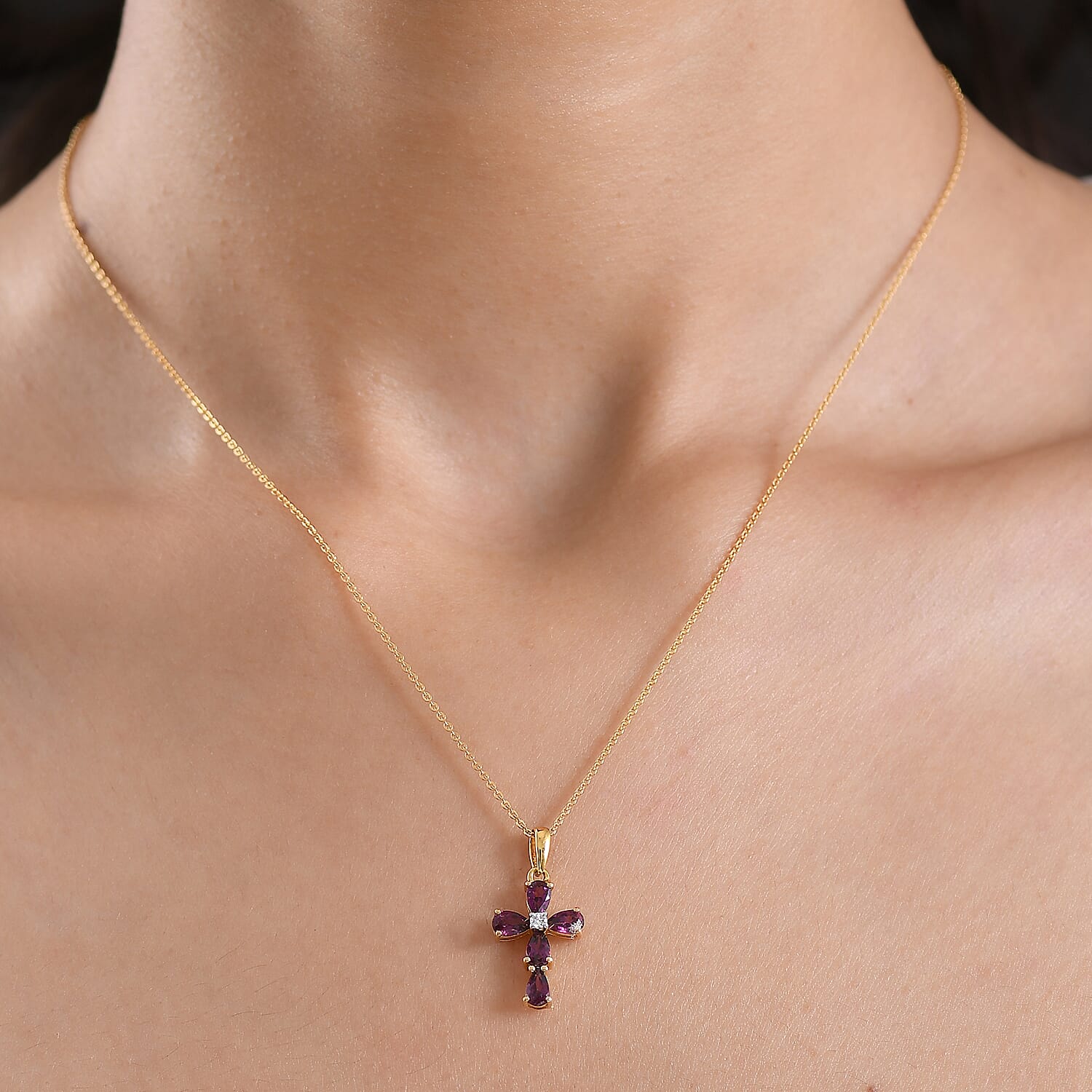 Radiant Ember Garnet,  Lab Grown Diamond Pendant with Chain (Size 20) in 18K YG Vermeil Sterling Silver 0.03 ct  1.430  Ct.