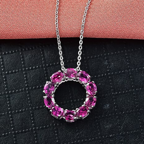D'Joy Natural Radiant Ember Garnet Circle Pendant with Chain (Size 20) in Platinum Overlay Sterling Silver 2.33 Ct.