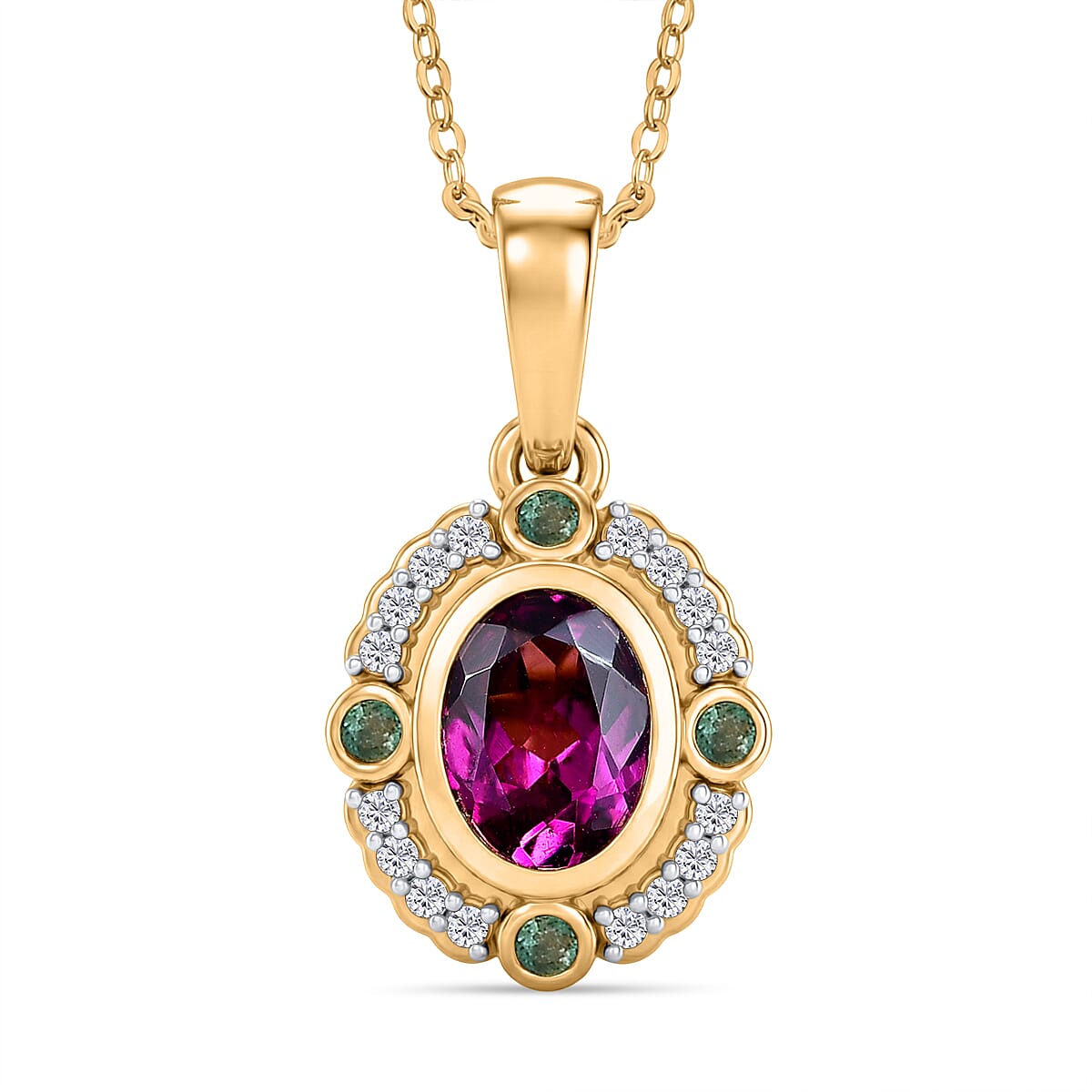 Radiant Ember Garnet,  White Zircon,  Zambian Emerald Pendant with Chain (Size 20) in 18K YG Vermeil Sterling Silver 0.24 ct  1.340  Ct.