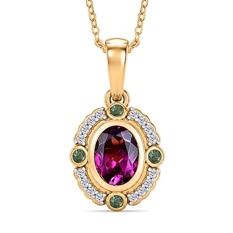 Radiant Ember Garnet,  White Zircon,  Zambian Emerald Pendant with Chain (Size 20) in 18K YG Vermeil Sterling Silver 0.24 ct  1.340  Ct.