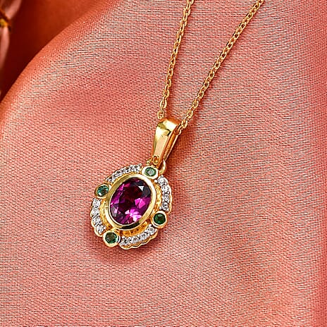 D'Joy Natural Radiant Ember Garnet, White Zircon & Zambian Emerald Pendant with Chain (Size 20) in 18K Vermeil Yellow Gold Plated Sterling Silver 1.15 Ct.