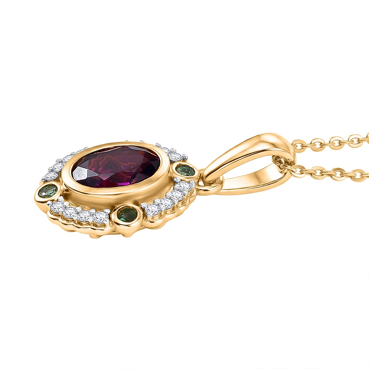 Radiant Ember Garnet,  White Zircon,  Zambian Emerald Pendant with Chain (Size 20) in 18K YG Vermeil Sterling Silver 0.24 ct  1.340  Ct.