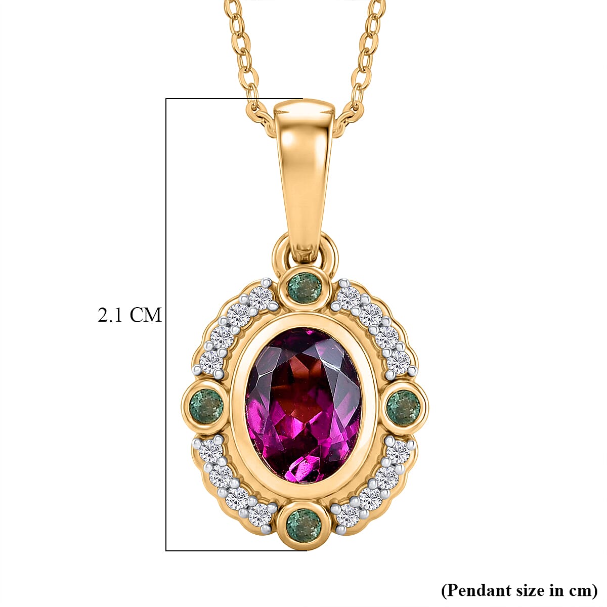 Radiant Ember Garnet,  White Zircon,  Zambian Emerald Pendant with Chain (Size 20) in 18K YG Vermeil Sterling Silver 0.24 ct  1.340  Ct.