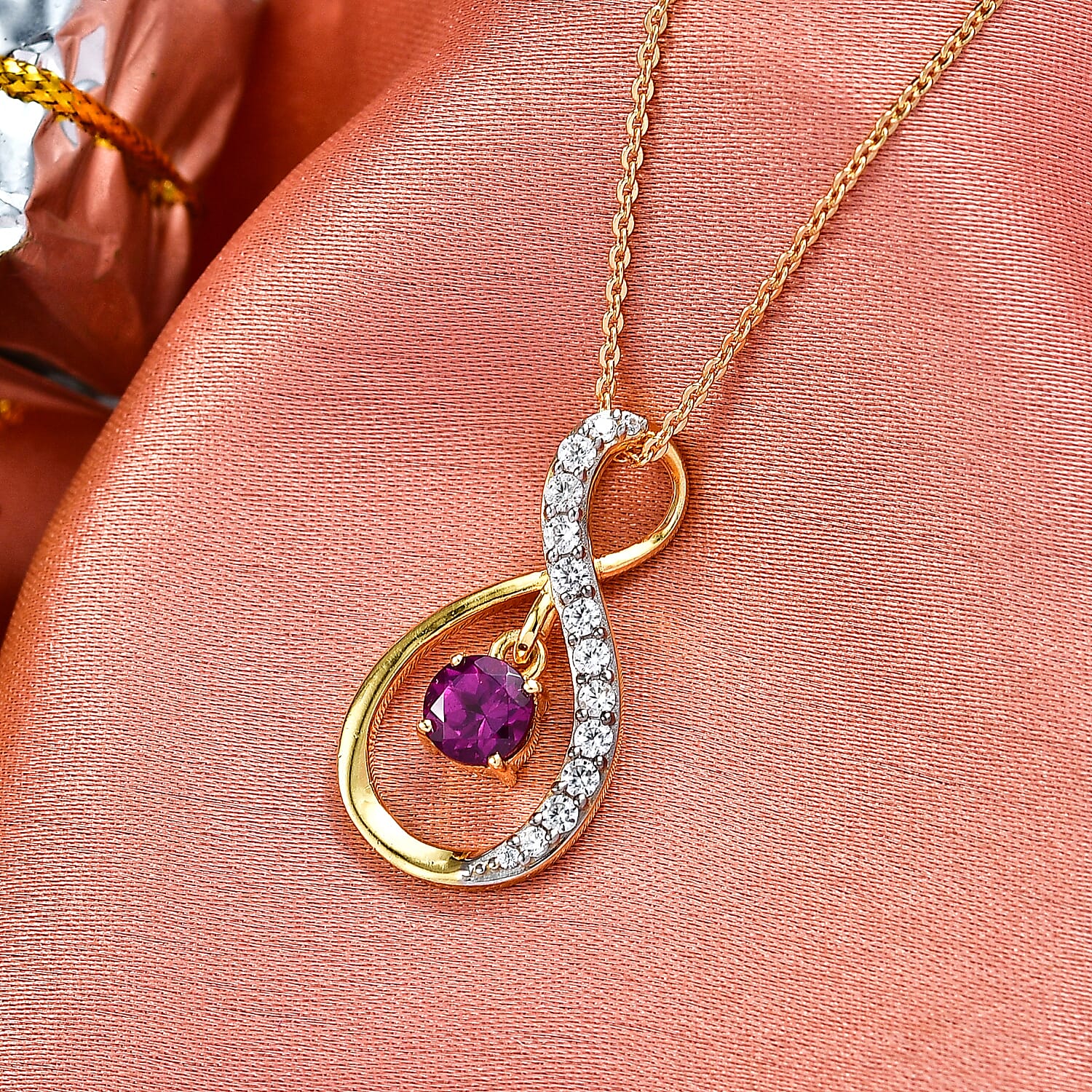 Radiant Ember Garnet,  White Zircon Pendant with Chain (Size 20) in 18K YG Plating Sterling Silver 0.14 ct  0.840  Ct.