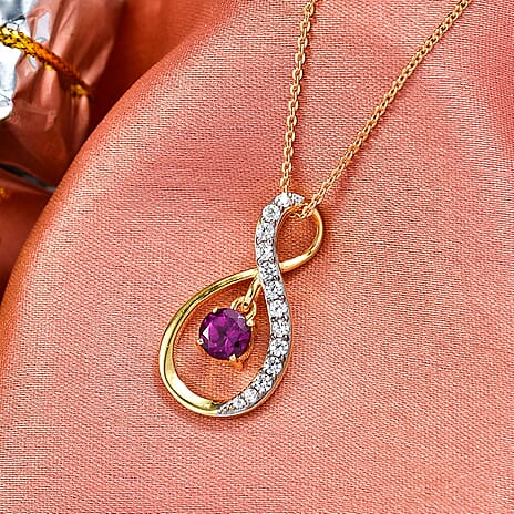 D'joy Natural Radiant Ember Garnet & White Zircon Infinity Teardrop Pendant with Chain (Size 20) in Yellow Gold Plated Sterling Silver 1.09 Ct.