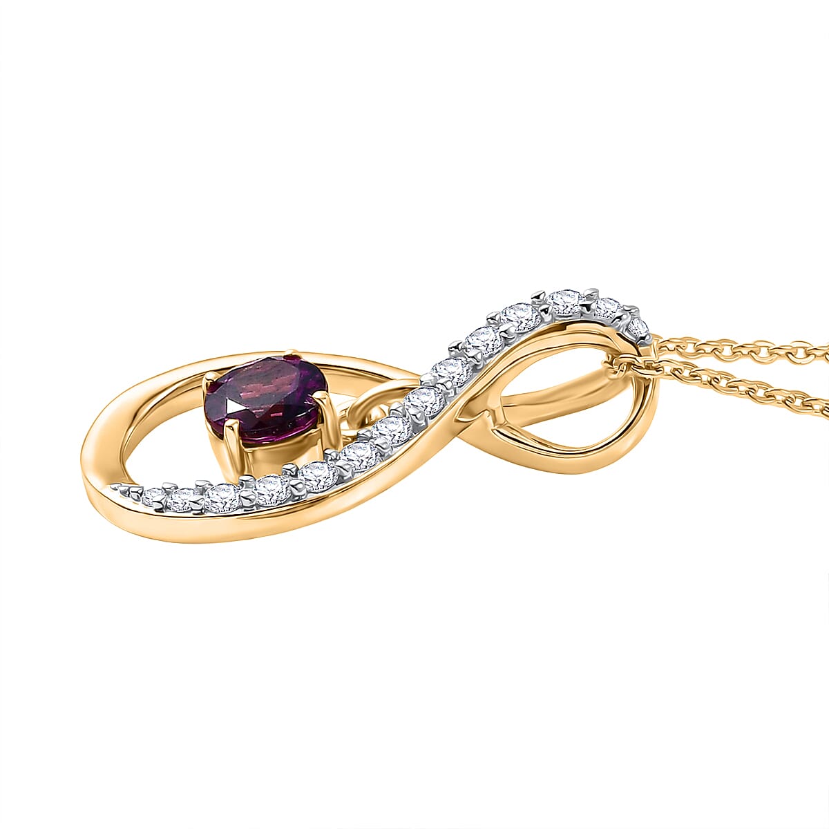 Radiant Ember Garnet,  White Zircon Pendant with Chain (Size 20) in 18K YG Plating Sterling Silver 0.14 ct  0.840  Ct.