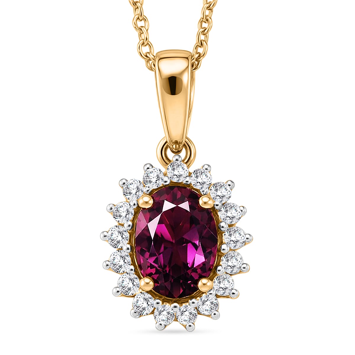 D'Joy Natural Royal Ember Garnet & Moissanite Pendant with Chain (Size 20) in 18K Vermeil Yellow Gold Plated Sterling Silver 1.74 Ct.