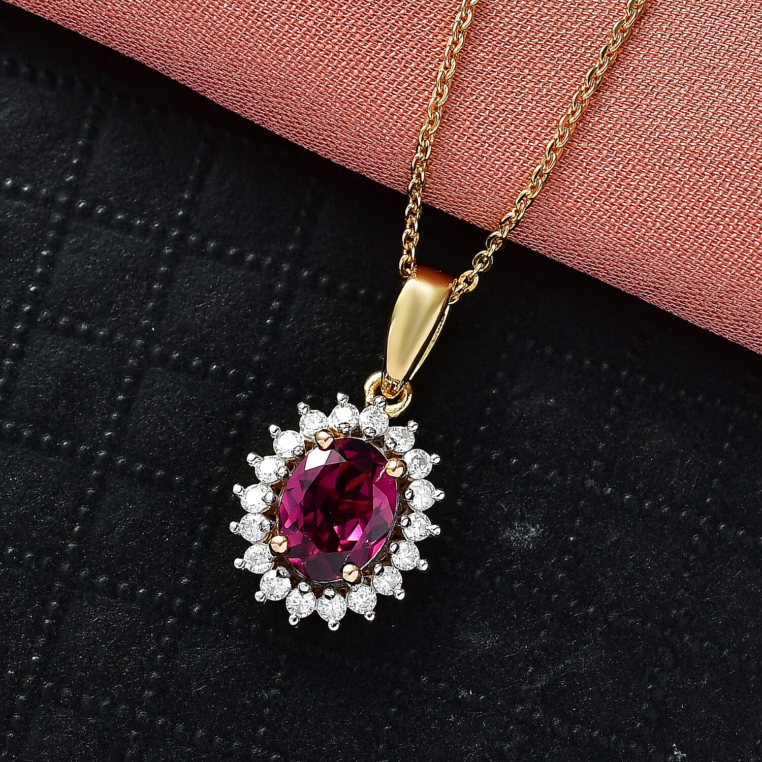 D'Joy Natural Royal Ember Garnet & Moissanite Pendant with Chain (Size 20) in 18K Vermeil Yellow Gold Plated Sterling Silver 1.74 Ct.