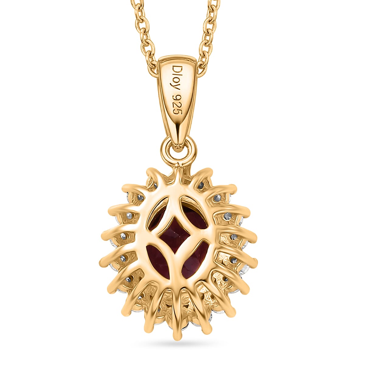 D'Joy Natural Royal Ember Garnet & Moissanite Pendant with Chain (Size 20) in 18K Vermeil Yellow Gold Plated Sterling Silver 1.74 Ct.