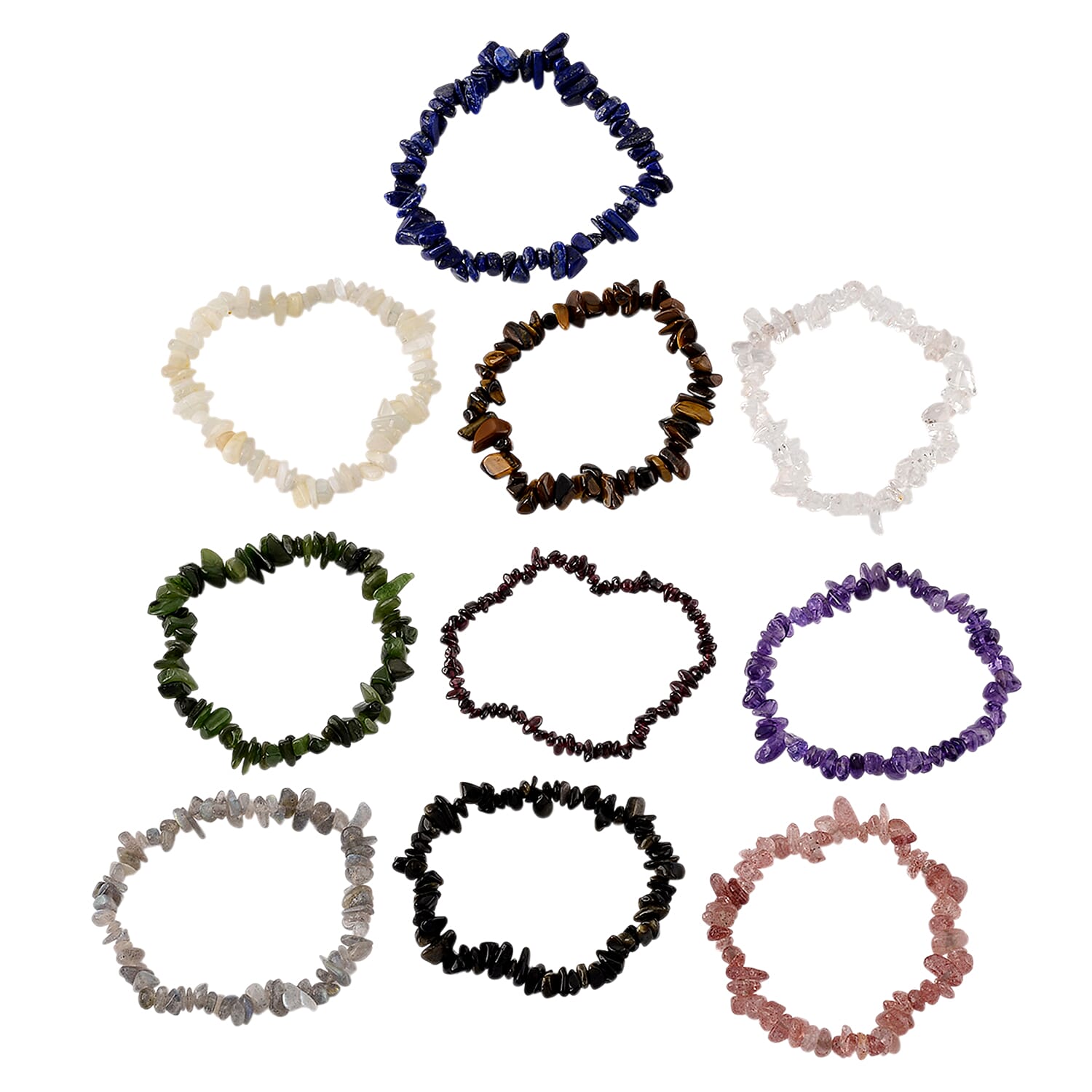 Set of 10 - Multi-Gemstone Stretchable Bracelet (Size 7-7.5 Ext)