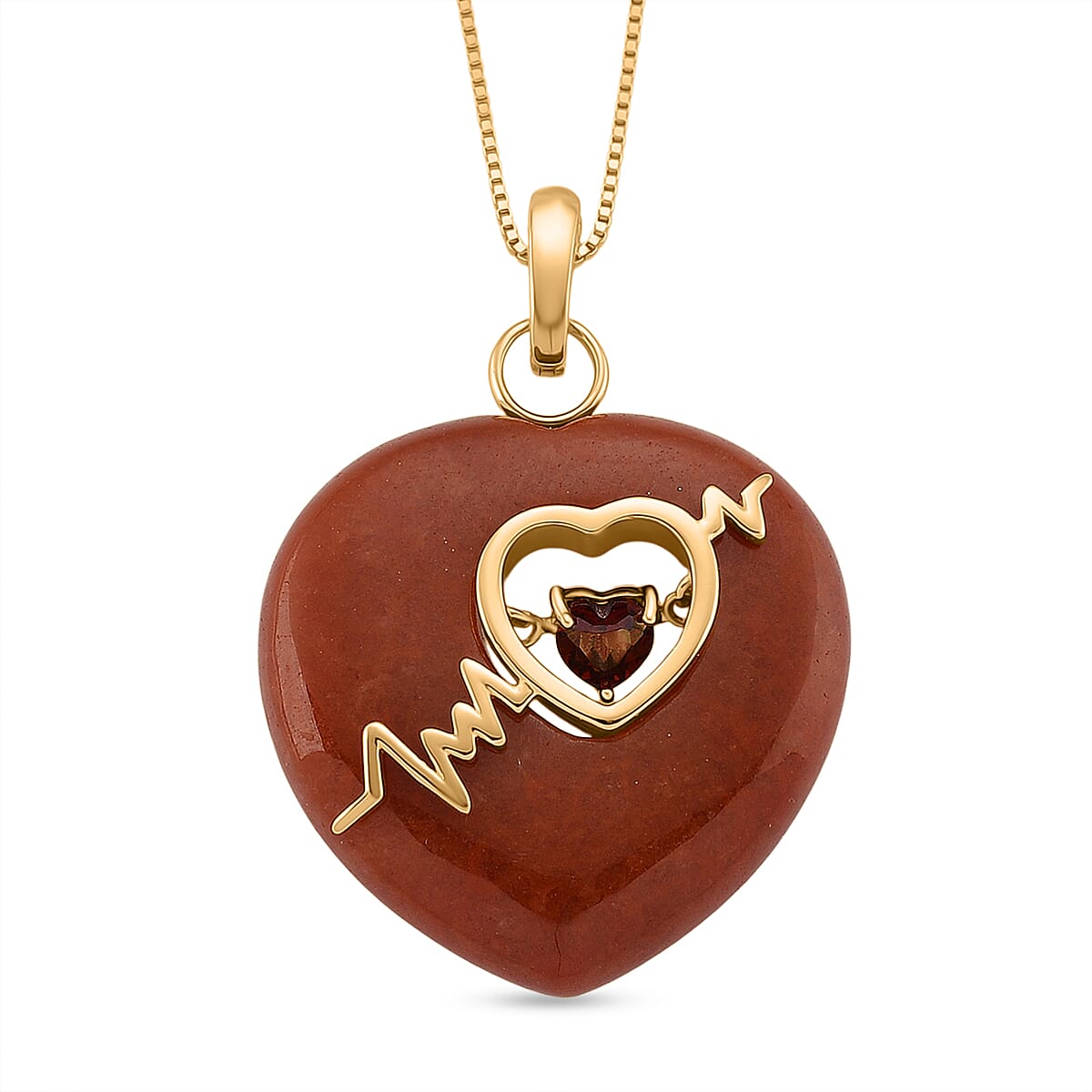 Enhanced Red Jade & Red Garnet Heart Pendant with Chain (Size 18) in Yellow Gold Plated Sterling Silver 40.60 Ct.