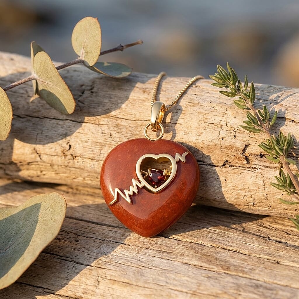 Enhanced Red Jade & Red Garnet Heart Pendant with Chain (Size 18) in Yellow Gold Plated Sterling Silver 40.60 Ct.
