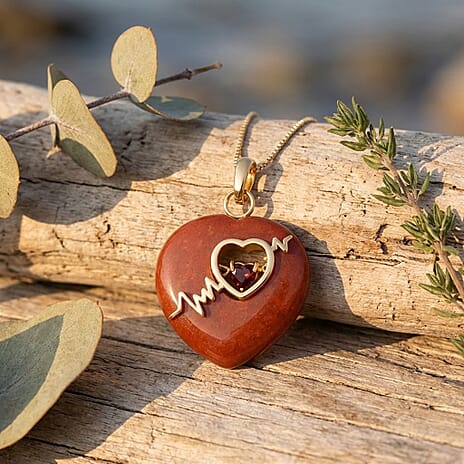Enhanced Red Jade & Red Garnet Heart Pendant with Chain (Size 18) in Yellow Gold Plated Sterling Silver 40.60 Ct.
