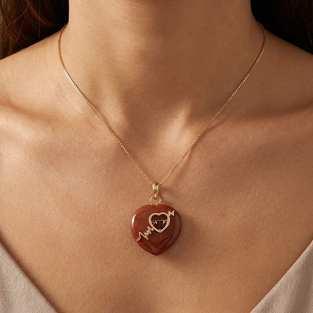 Enhanced Red Jade & Red Garnet Heart Pendant with Chain (Size 18) in Yellow Gold Plated Sterling Silver 40.60 Ct.