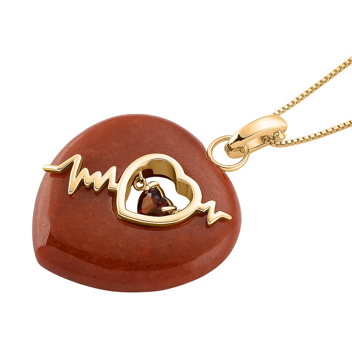 Enhanced Red Jade & Red Garnet Heart Pendant with Chain (Size 18) in Yellow Gold Plated Sterling Silver 40.60 Ct.