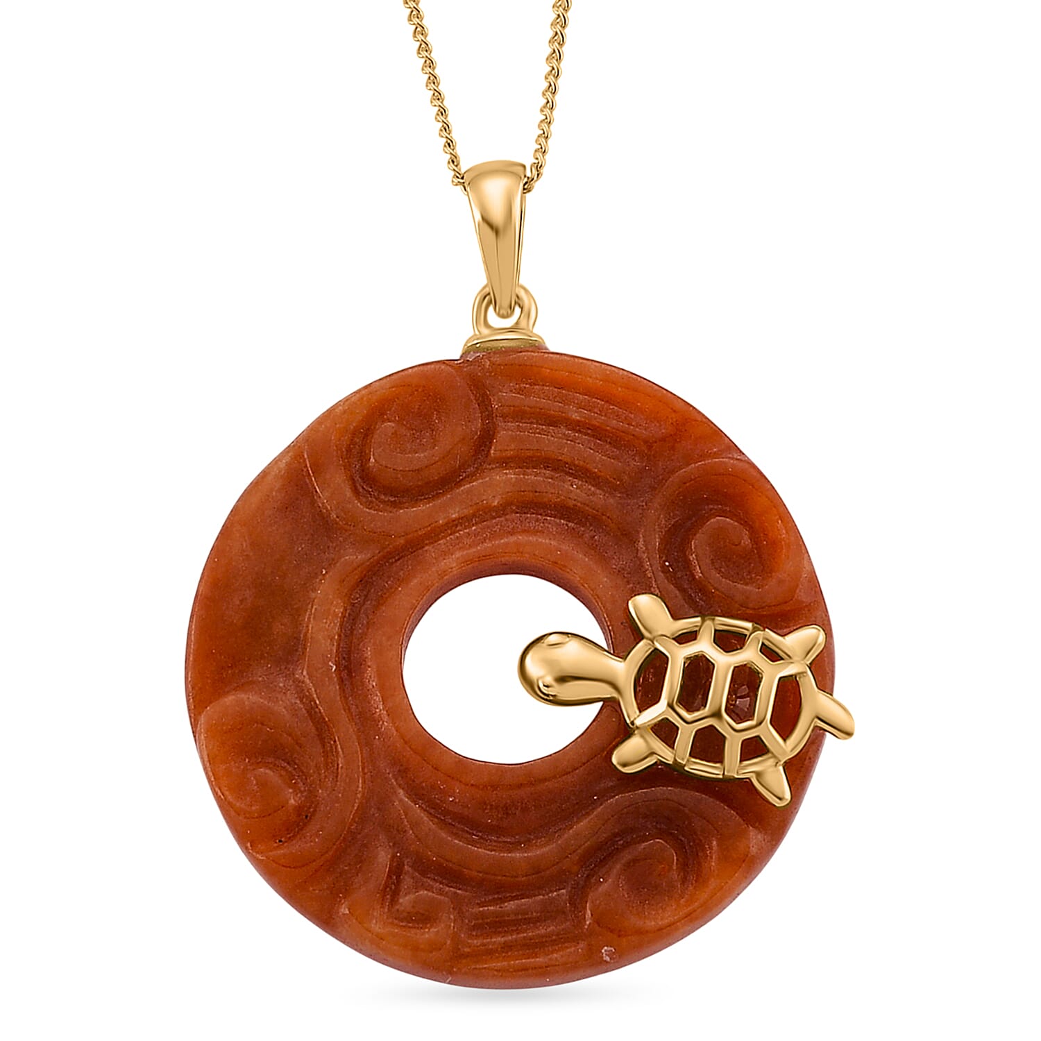 Enhanced Red Jade Cabochon Cut Pendant with Chain (Size 18) in Yellow Gold Plated Sterling Silver 37.00 Ct.