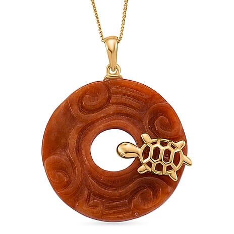 Enhanced Red Jade Cabochon Cut Pendant with Chain (Size 18) in Yellow Gold Plated Sterling Silver 37.00 Ct.