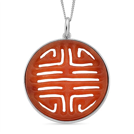 Enhanced Red Jade Cabochon Cut Pendant with Chain (Size 18) in Rhodium Overlay Sterling Silver 20.00 Ct.