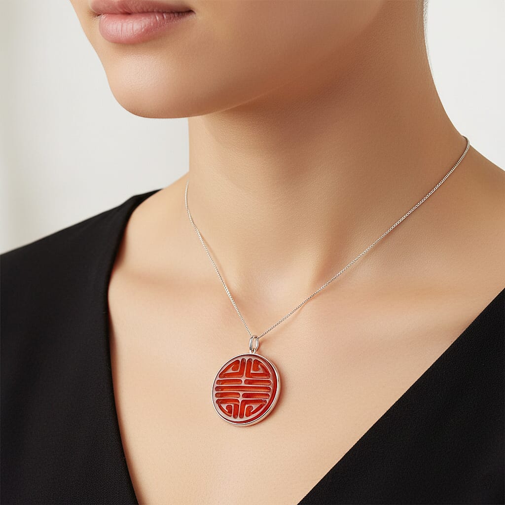Enhanced Red Jade Cabochon Cut Pendant with Chain (Size 18) in Rhodium Overlay Sterling Silver 20.00 Ct.