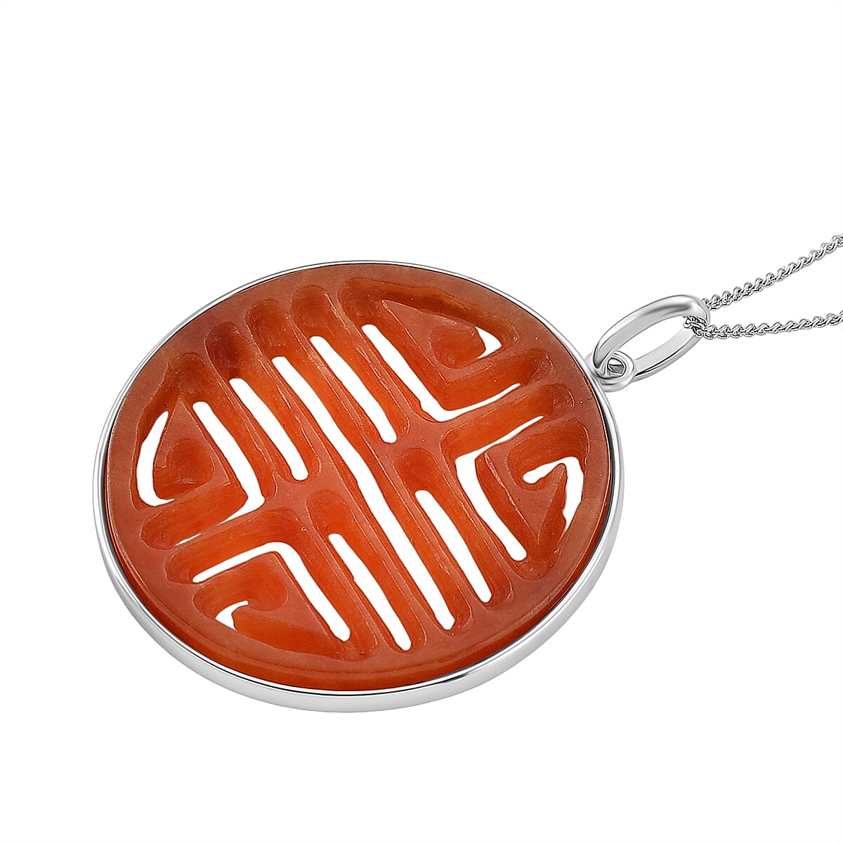 Enhanced Red Jade Cabochon Cut Pendant with Chain (Size 18) in Rhodium Overlay Sterling Silver 20.00 Ct.