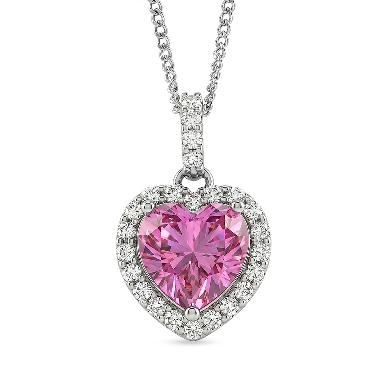 Pink Moissanite Heart Pendant with Chain (Size 18) in Rhodium Overlay Sterling Silver 2.31 Ct.