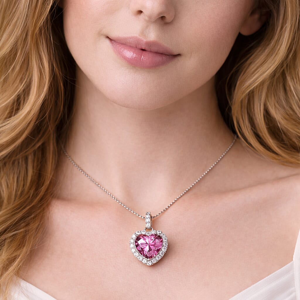 Pink Moissanite Heart Pendant with Chain (Size 18) in Rhodium Overlay Sterling Silver 2.31 Ct.