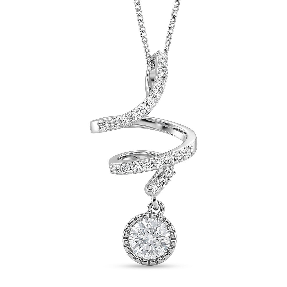 Moissanite Round Pendant with Chain (Size 18) in Rhodium Overlay Sterling Silver 1.09 Ct.