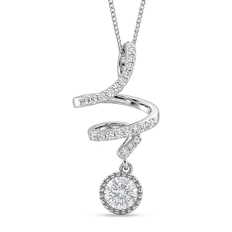 Moissanite Round Pendant with Chain (Size 18) in Rhodium Overlay Sterling Silver 1.09 Ct.