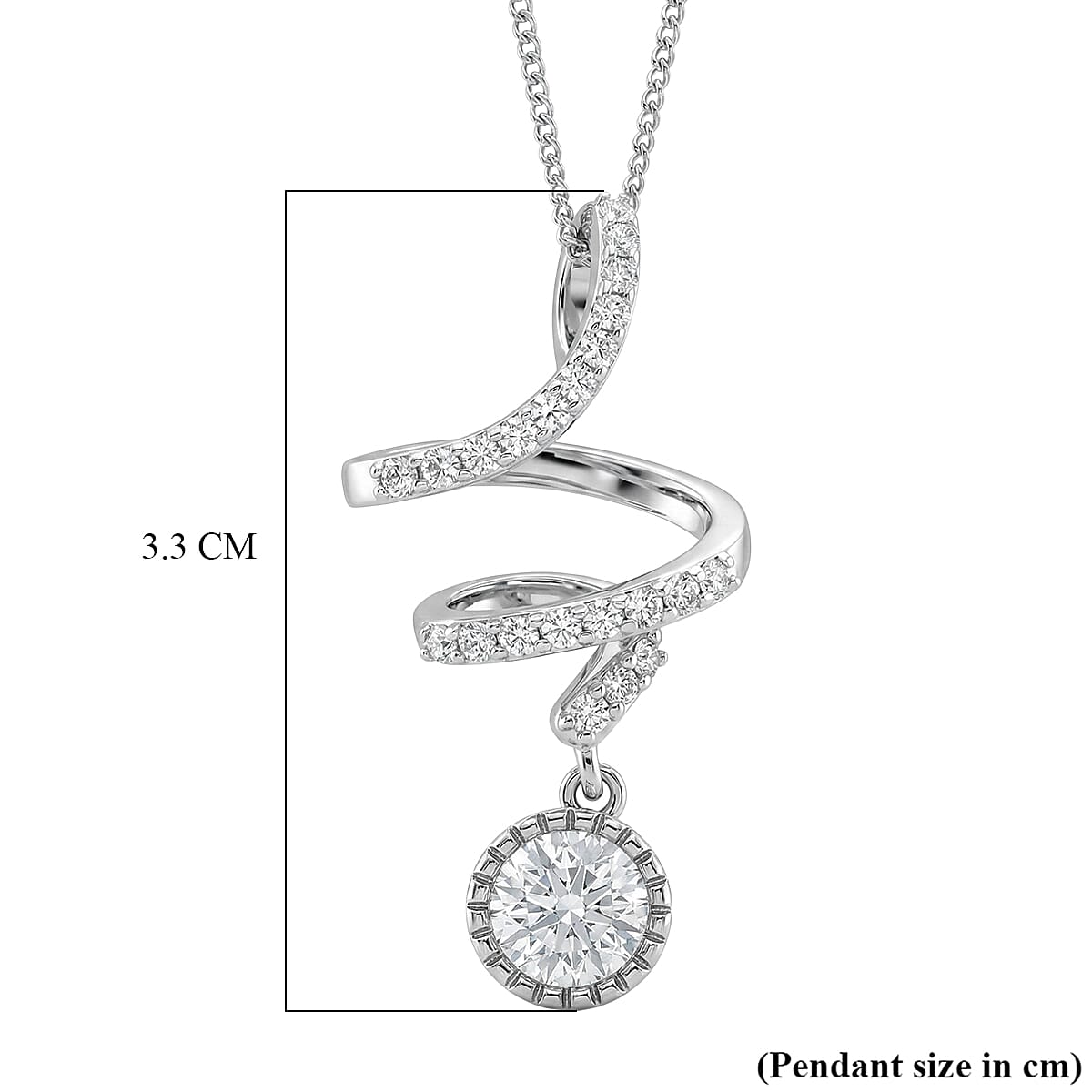 Moissanite Round Pendant with Chain (Size 18) in Rhodium Overlay Sterling Silver 1.09 Ct.