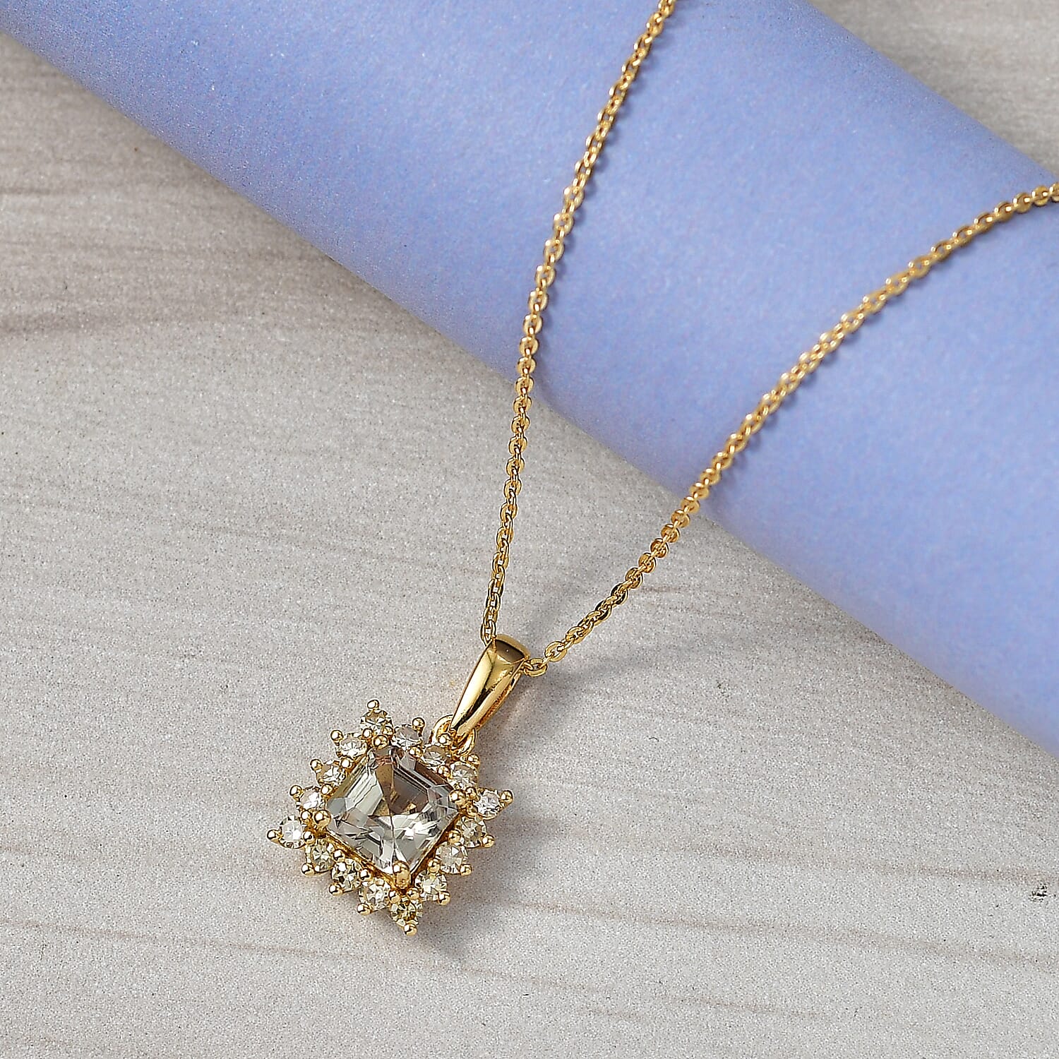 D'Joy AAA Natural Turkizite (Asscher Cut 1.32ct) & Lab Grown Yellow Diamond (SI) Pendant With Chain (Size 20) in 18K Vermeil Yellow Gold Sterling Silver 1.72 Ct.