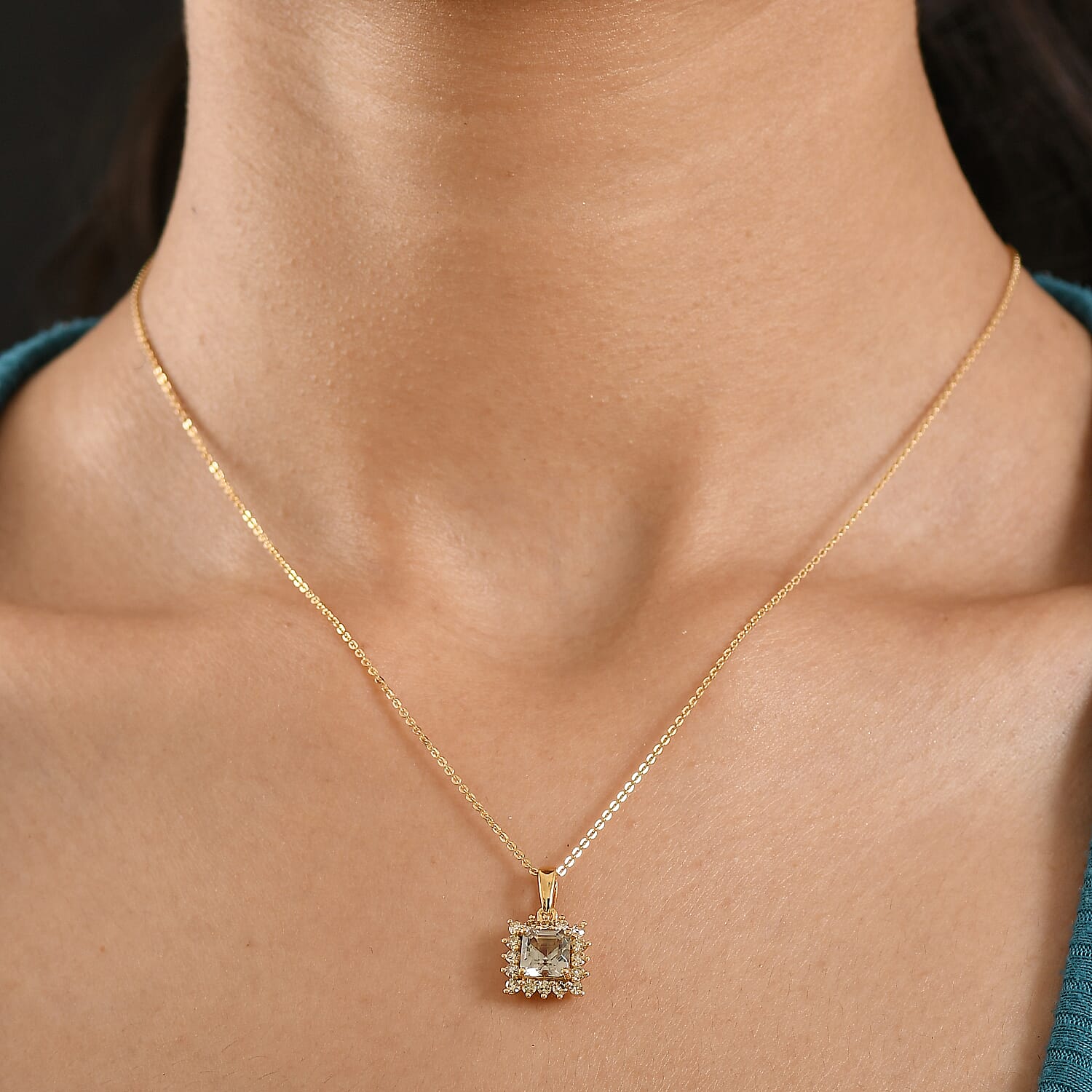 D'Joy AAA Natural Turkizite (Asscher Cut 1.32ct) & Lab Grown Yellow Diamond (SI) Pendant With Chain (Size 20) in 18K Vermeil Yellow Gold Sterling Silver 1.72 Ct.