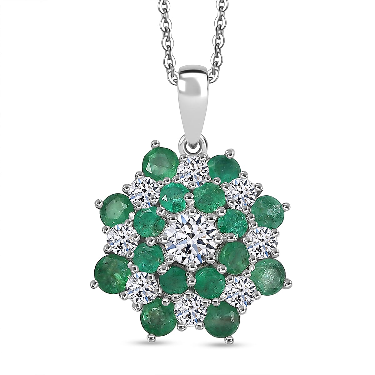 Luxuriant AAA Gemfields Zambian Emerald & SI-GH Lab Grown Diamond Floral Pendant with Chain (Size 20) in Rhodium Overlay Sterling Silver 2.22 Ct.