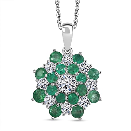LUXURIANT AAA Gemfields Zambian Emerald, Lab Grown Diamond Floral Pendant with Chain (Size 20) in Rhodium Overlay Sterling Silver 2.27 Ct. (SI-GH)